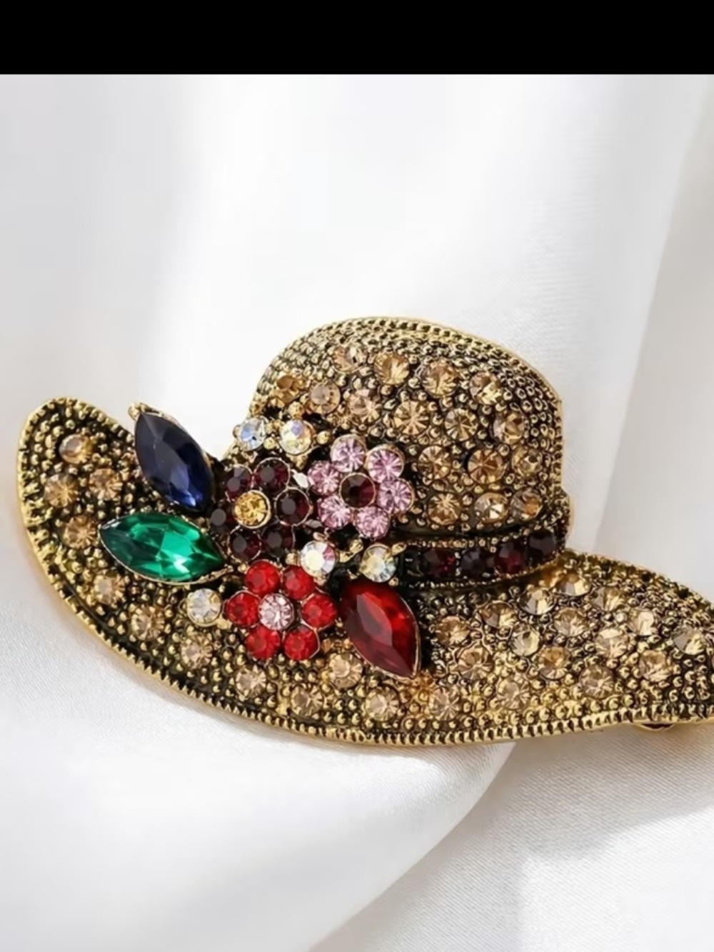 Bronze Rhinestone Hat Brooch with Multicolor Gem Flowers nwt - Picture 1 of 4